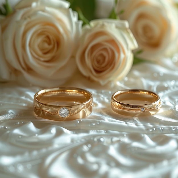 Beautiful gold background wedding rings white roses lying glossy pearl surface with pearls flowers