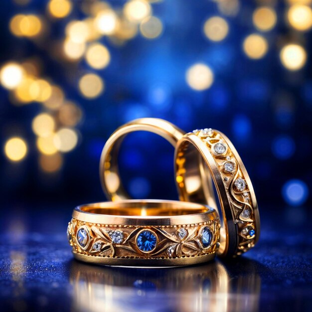 Beautiful gold rings decorated with stones on a blue background