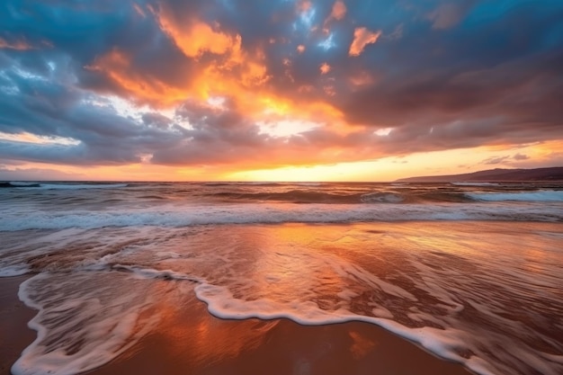 Beautiful golden beach sunset with colorful sky and stormy clouds created with generative ai