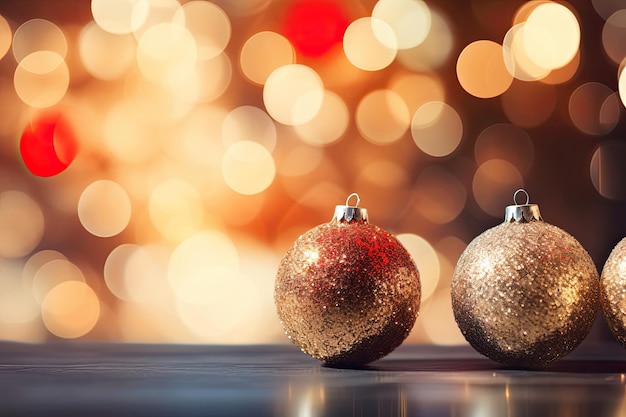 Beautiful golden bokeh background with glittering balls Christmas baubles