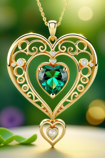 A beautiful golden heart shape pendant hanging naturally on a chain with an emerald