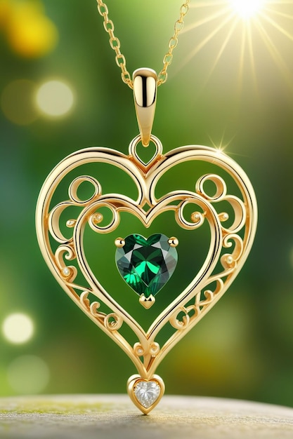 A beautiful golden heart shape pendant hanging naturally on a chain with an emerald