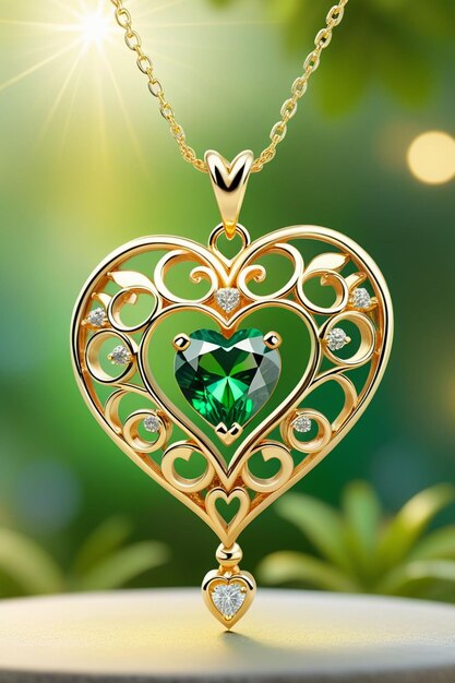 A beautiful golden heart shape pendant hanging naturally on a chain with an emerald