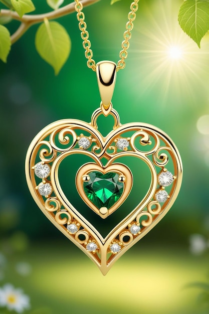 A beautiful golden heart shape pendant hanging naturally on a chain with an emerald