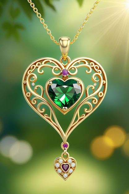 A beautiful golden heart shape pendant hanging naturally on a chain with an emerald