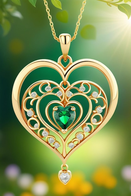 A beautiful golden heart shape pendant hanging naturally on a chain with an emerald