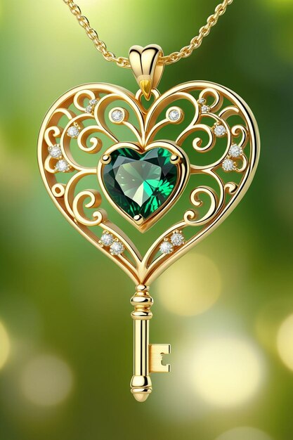 A beautiful golden heart shape pendant hanging naturally on a chain with an emerald