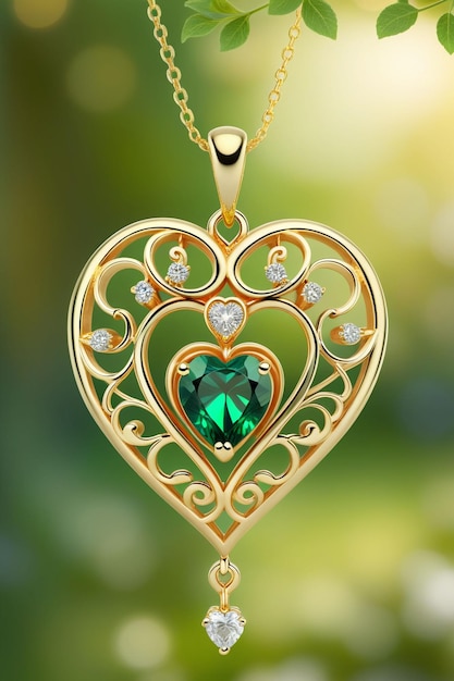 A beautiful golden heart shape pendant hanging naturally on a chain with an emerald