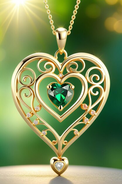 A beautiful golden heart shape pendant hanging naturally on a chain with an emerald