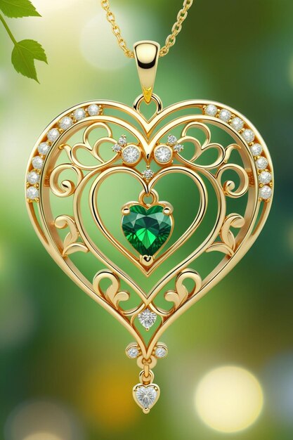 A beautiful golden heart shape pendant hanging naturally on a chain with an emerald