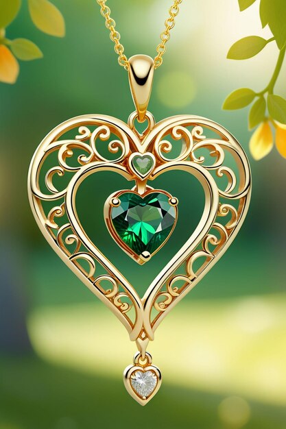 A beautiful golden heart shape pendant hanging naturally on a chain with an emerald