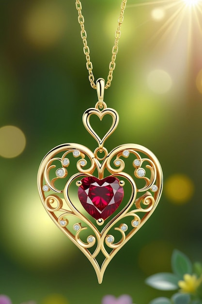 Photo a beautiful golden heart shape pendant hanging naturally on a chain with a ruby