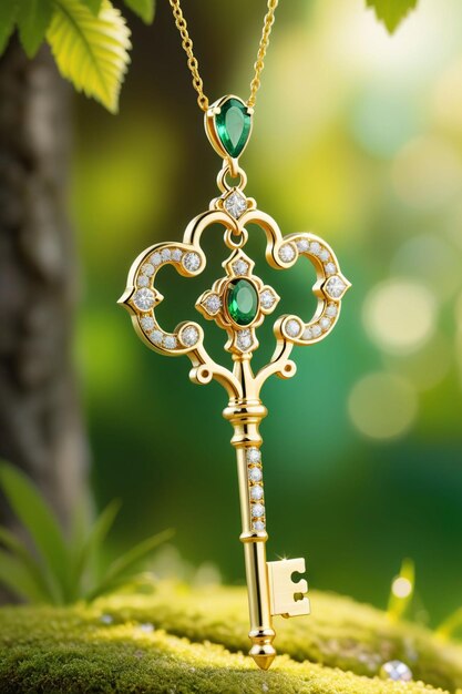 Photo a beautiful golden key pendant hanging naturally on a chain with an emerald