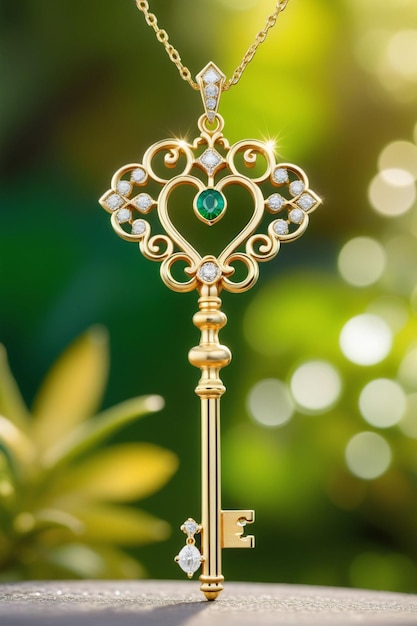 Photo a beautiful golden key pendant hanging naturally on a chain with an emerald