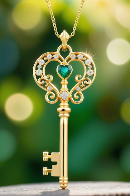 Photo a beautiful golden key pendant hanging naturally on a chain with an emerald