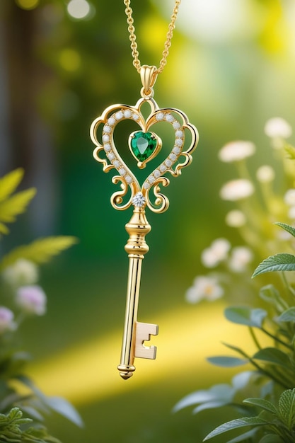 Photo a beautiful golden key pendant hanging naturally on a chain with an emerald