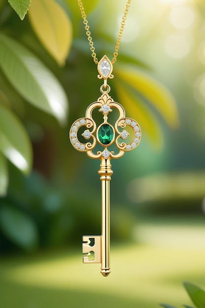 Photo a beautiful golden key pendant hanging naturally on a chain with an emerald