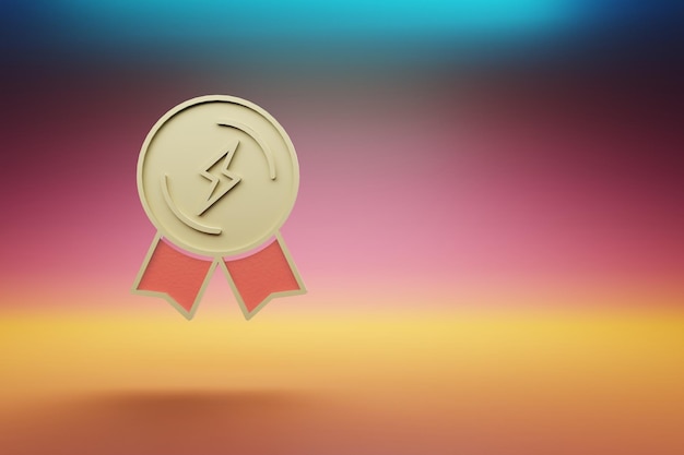 Beautiful golden lightning Badge symbol on multicolor bright background 3d rendering illustration