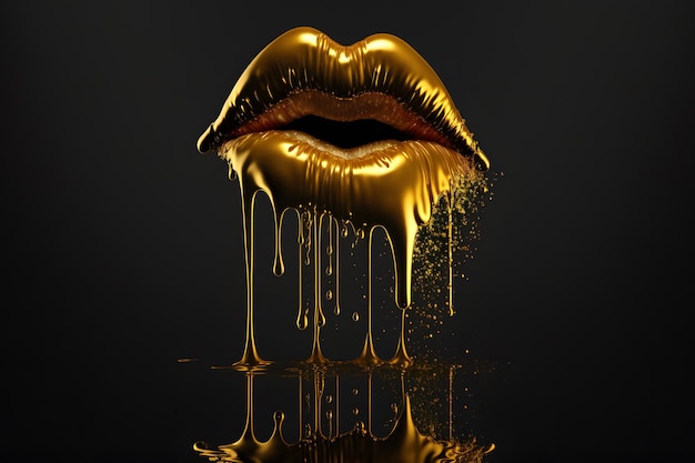 Beautiful golden lips gold colored lipstick Perfect lips closeup on a dark background gold liquid drops 3d illustration