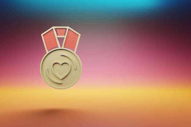 Beautiful golden medal Heart symbol on multicolor bright background 3d rendering illustration Back