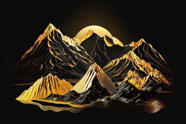 Beautiful golden mountains line art isolated on a black background