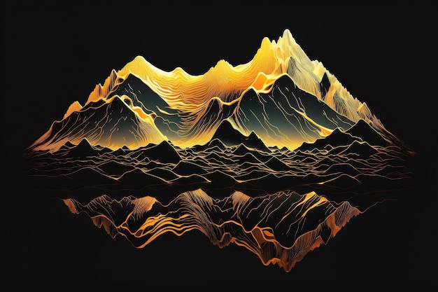 Beautiful golden mountains line art isolated on a black background