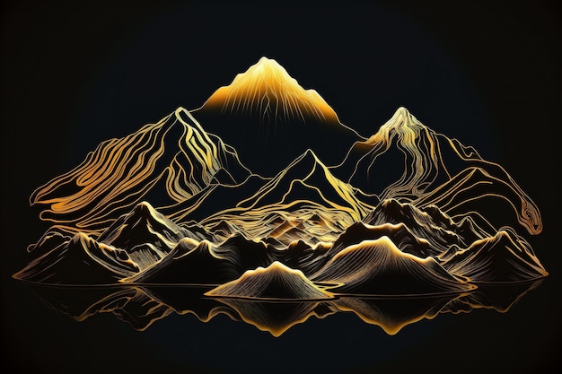 Beautiful golden mountains line art isolated on a black background