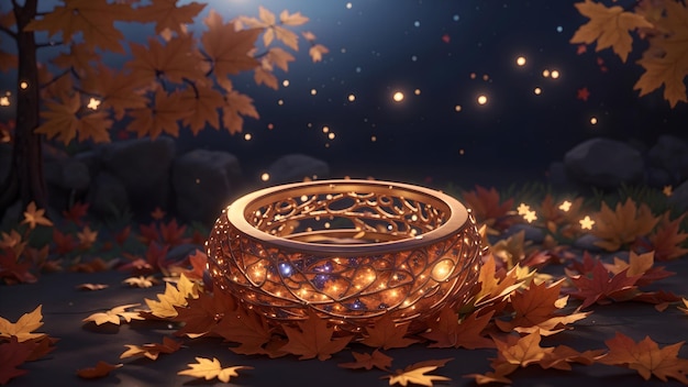 The beautiful golden ring is surrounded with maple leaf in the night Autumn Season wallpaper