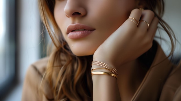 Photo beautiful golden and silver jewelry close up jewellery accessories on woman