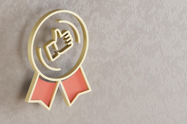 Beautiful golden thumbs up Badge symbol on wall bright background 3d rendering illustration Backgr