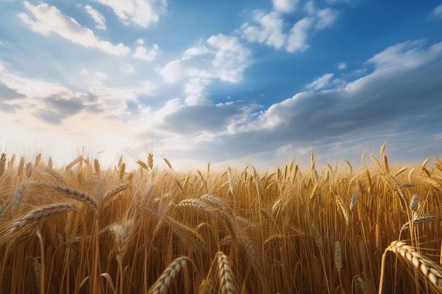 Beautiful of golden wheat field on summer against blue sky with white clouds Generative AI