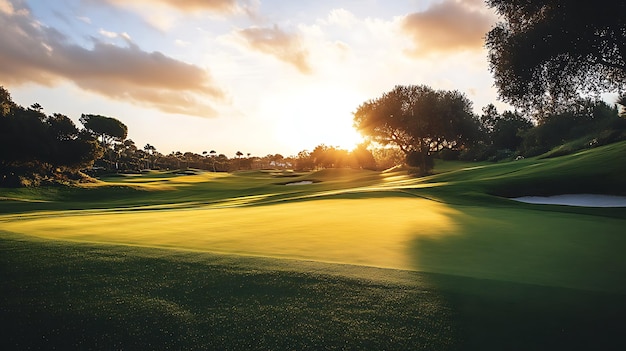 A beautiful golf course at sunset with lush green grass trees and a golden sky