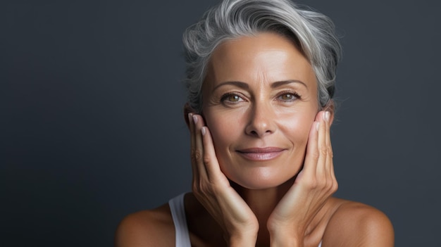 Photo beautiful gorgeous 50s mid aged mature woman smiling isolated on dark grey background