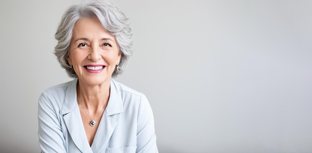 Beautiful gorgeous 70s age beautiful elderly senior model woman with grey hair smiling Mature old lady close up portrait Generative AI