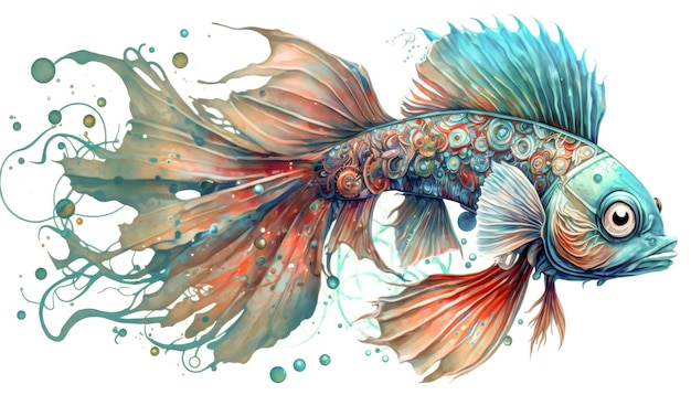 Beautiful graceful fish watercolor art with patterns on white generative ai