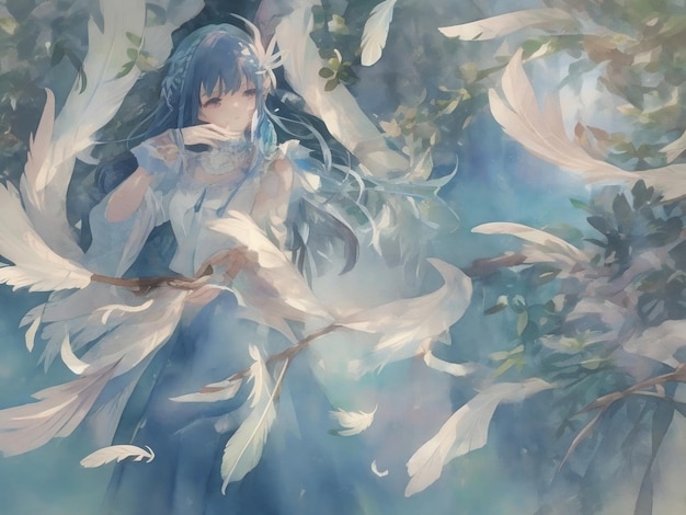 Beautiful graceful girl and feathers pastel colors Anime character tender picture lovely woman