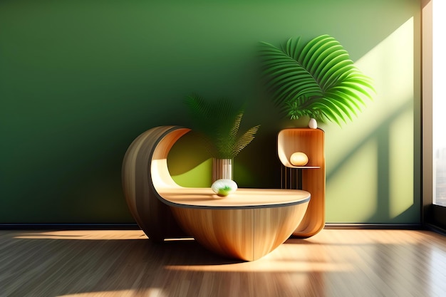 Beautiful grain natural shape wooden podium table bamboo palm tree in sunlight leaf shadow on mat