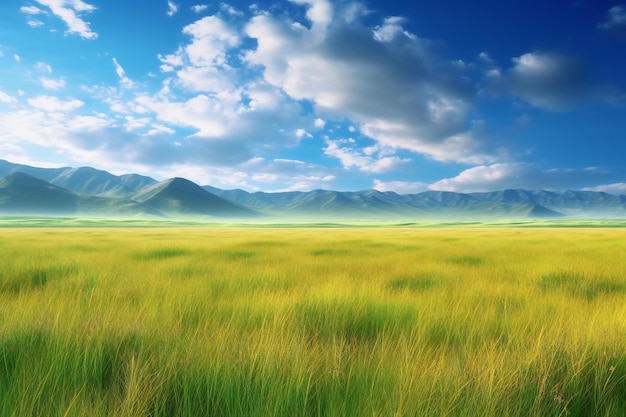 Beautiful grassland in the mountains under the blue sky with clouds