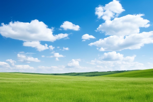 Beautiful grassy fields and summer blue sky with fluffy white clouds in the wind Wide format