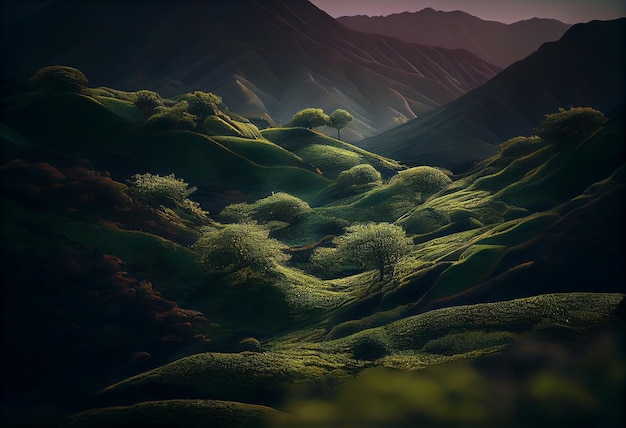 Beautiful grassy hills in the mountains at sunsetgenerative ai