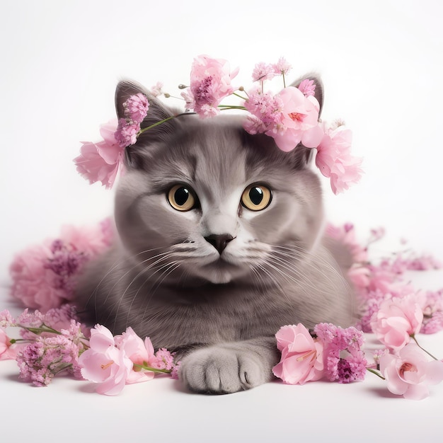 beautiful gray cat in a crown of pink flowers hd wallpaper