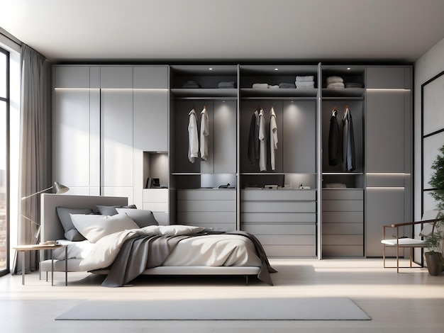 beautiful gray wardrobe with large windows in a loft apartment 3D rendering Generative ai