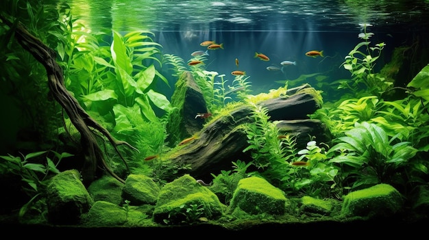 Beautiful green aquascape with live aquarium plants and fish