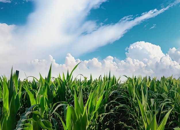 Beautiful green corn field with sky cloud background