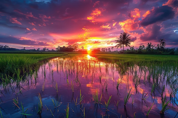 Beautiful green field with the sunset