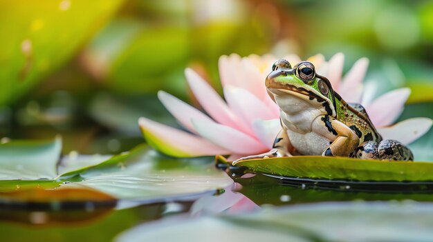 A beautiful green frog sits on a lily pad in a pond The frog is looking out at the world with its big round eyes