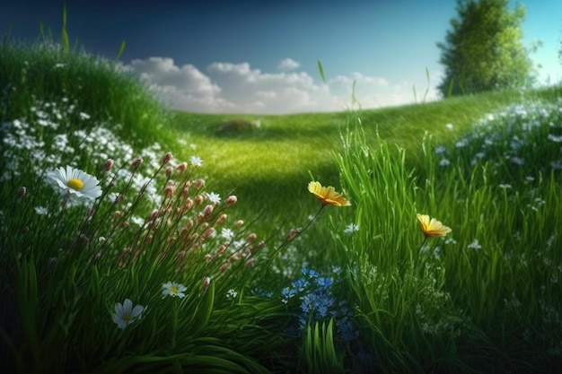 Beautiful green grass in clearing with flowers flower meadow in spring created with generative ai