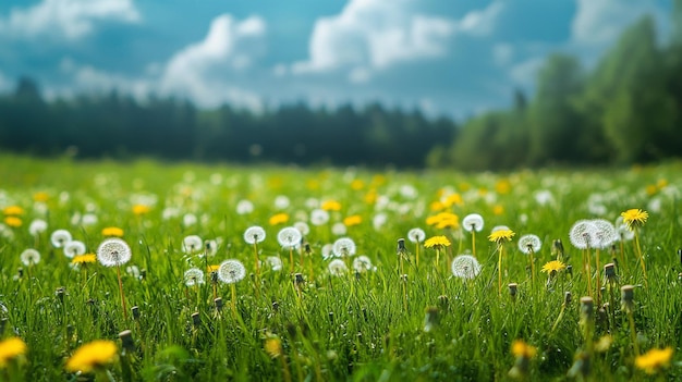 Beautiful Green Grass Field with Dandelions on Sunny Day