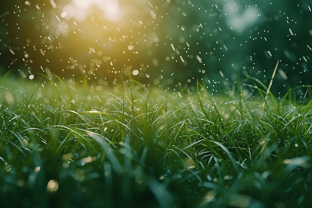 beautiful green grass with rain drops background