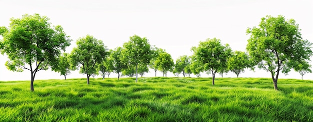 Beautiful green grassy hills with trees white background Green hills landscape cut out